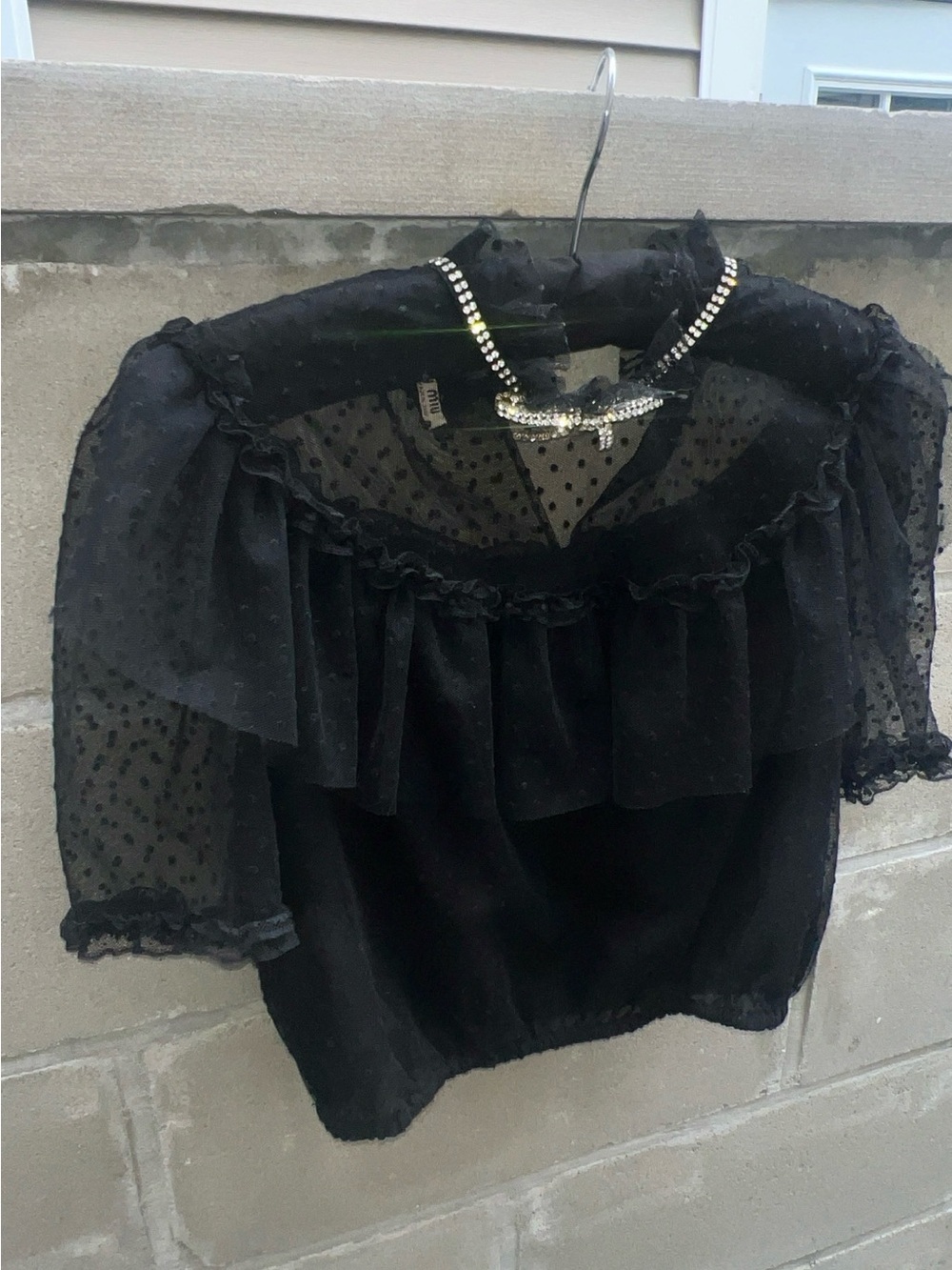 Miu Miu Black Swiss-Dot Ruffle Blouse with Rhinestone Bow Necklace
